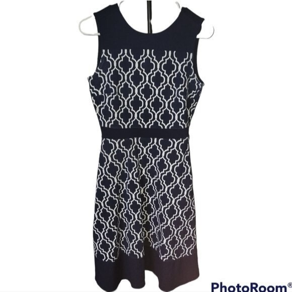 Land's End Celestial Navy Blue and White Geo Tile Print Wedding Guest Dress 2 - Picture 1 of 7